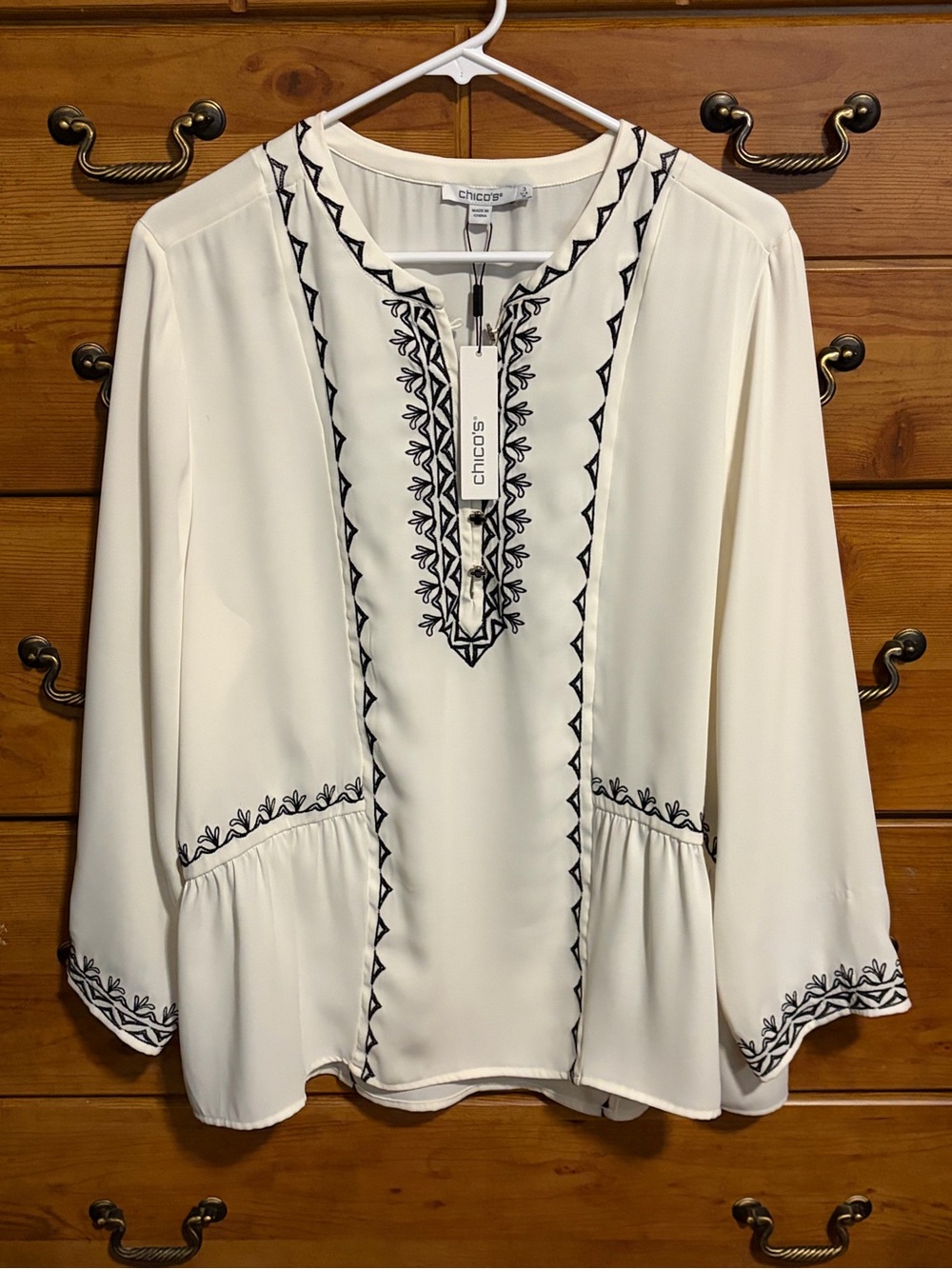 Chico's Cream Tunic with Black Embroidery